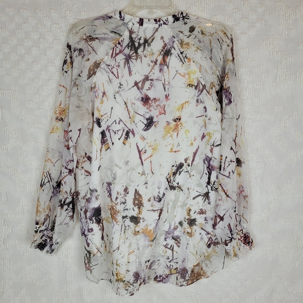 Cabi Goddess Blouse Ivory V-neck multi color long sleeve cuff abstract artsy S - Picture 3 of 10
